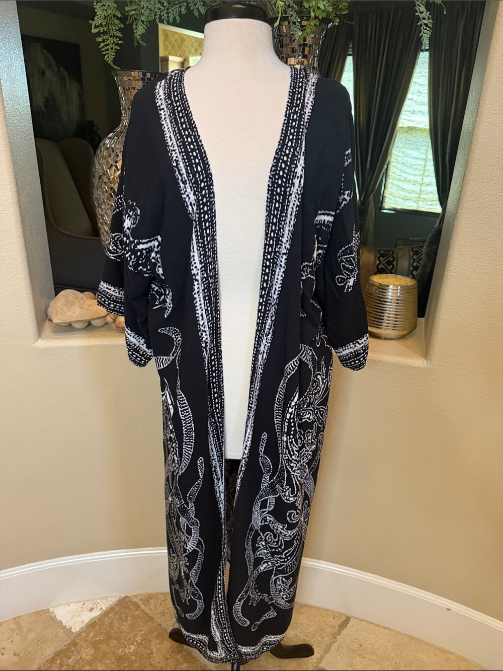 Black & White Long Open Kimono Cardigan